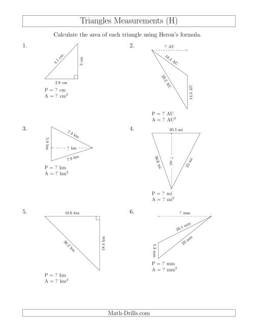 The Calculating the Perimeter and Area of Triangles Using Heron's Formula for the Area. (H) Math Worksheet