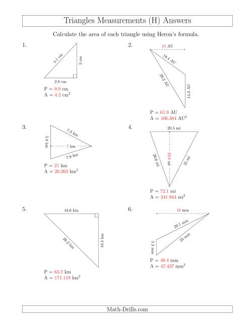 The Calculating the Perimeter and Area of Triangles Using Heron's Formula for the Area. (H) Math Worksheet Page 2
