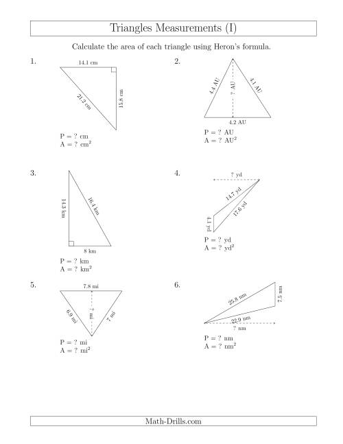 The Calculating the Perimeter and Area of Triangles Using Heron's Formula for the Area. (I) Math Worksheet