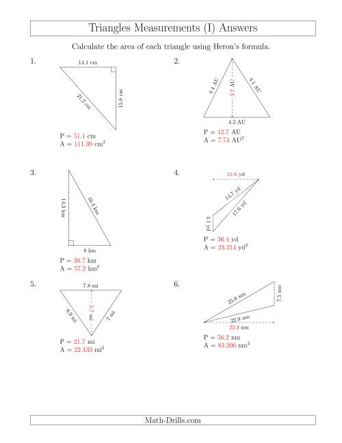 The Calculating the Perimeter and Area of Triangles Using Heron's Formula for the Area. (I) Math Worksheet Page 2