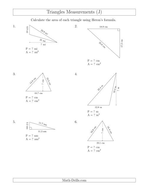 The Calculating the Perimeter and Area of Triangles Using Heron's Formula for the Area. (J) Math Worksheet