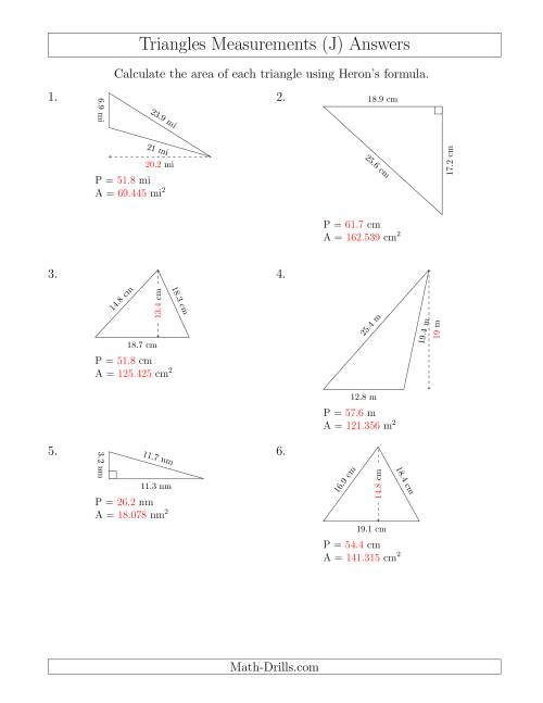 The Calculating the Perimeter and Area of Triangles Using Heron's Formula for the Area. (J) Math Worksheet Page 2