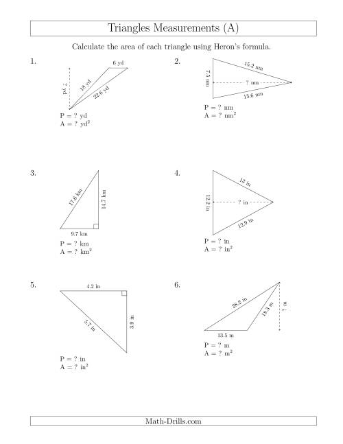 The Calculating the Perimeter and Area of Triangles Using Heron's Formula for the Area. (All) Math Worksheet