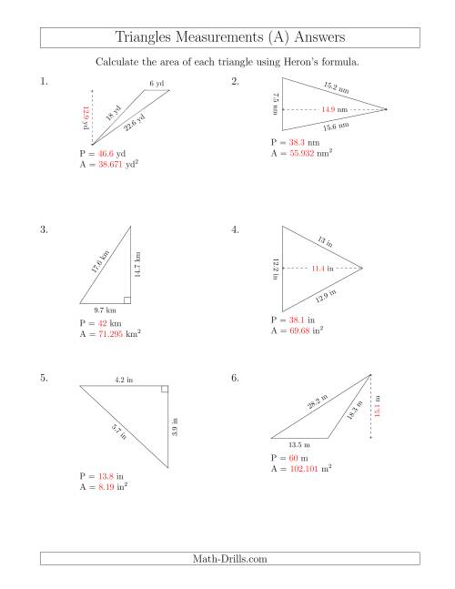 The Calculating the Perimeter and Area of Triangles Using Heron's Formula for the Area. (All) Math Worksheet Page 2