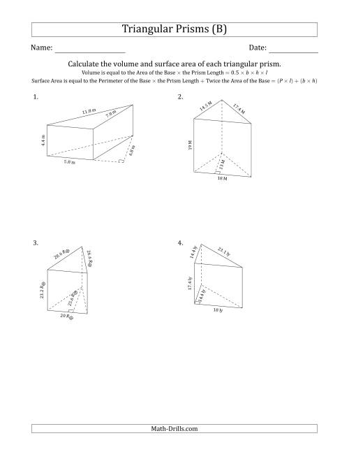 The Volume and Surface Area of Triangular Prisms (Black and White) (B) Math Worksheet