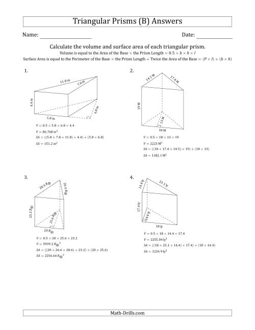 The Volume and Surface Area of Triangular Prisms (Black and White) (B) Math Worksheet Page 2