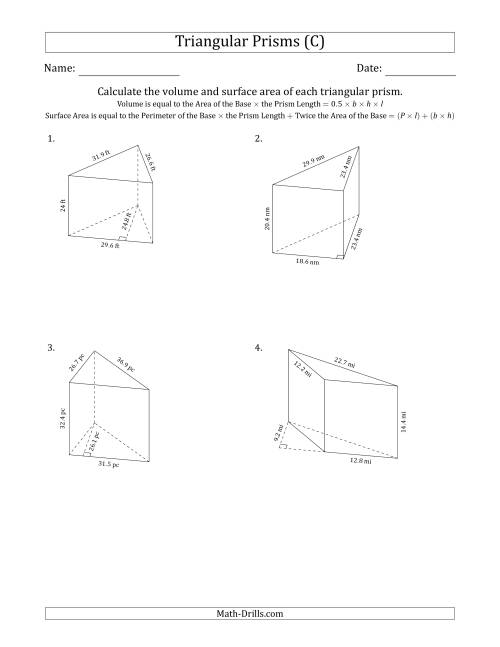 The Volume and Surface Area of Triangular Prisms (Black and White) (C) Math Worksheet