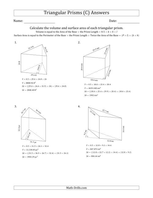 The Volume and Surface Area of Triangular Prisms (Black and White) (C) Math Worksheet Page 2