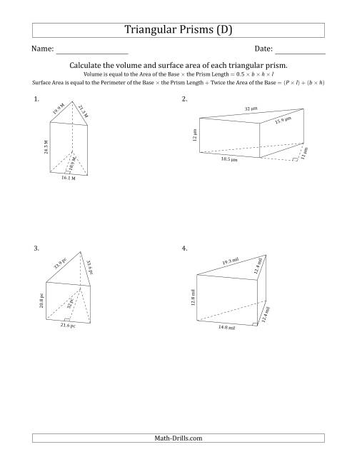 The Volume and Surface Area of Triangular Prisms (Black and White) (D) Math Worksheet