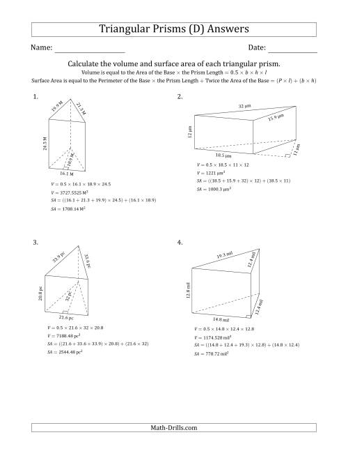 The Volume and Surface Area of Triangular Prisms (Black and White) (D) Math Worksheet Page 2