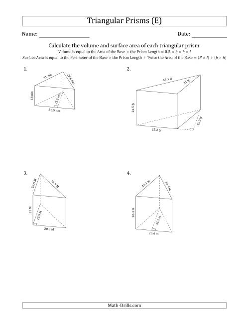 The Volume and Surface Area of Triangular Prisms (Black and White) (E) Math Worksheet