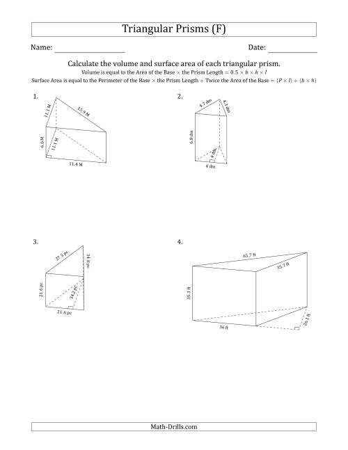 The Volume and Surface Area of Triangular Prisms (Black and White) (F) Math Worksheet