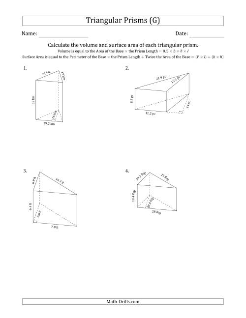 The Volume and Surface Area of Triangular Prisms (Black and White) (G) Math Worksheet