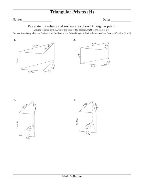 The Volume and Surface Area of Triangular Prisms (Black and White) (H) Math Worksheet