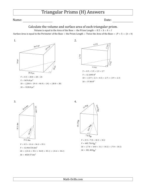 The Volume and Surface Area of Triangular Prisms (Black and White) (H) Math Worksheet Page 2