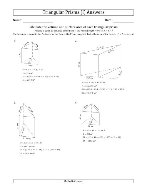 The Volume and Surface Area of Triangular Prisms (Black and White) (I) Math Worksheet Page 2