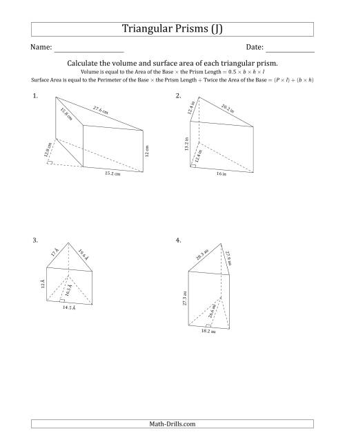 The Volume and Surface Area of Triangular Prisms (Black and White) (J) Math Worksheet