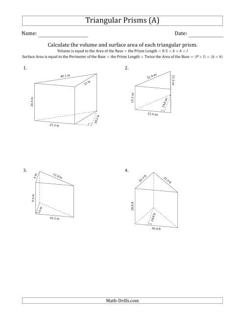 The Volume and Surface Area of Triangular Prisms (Black and White) (All) Math Worksheet