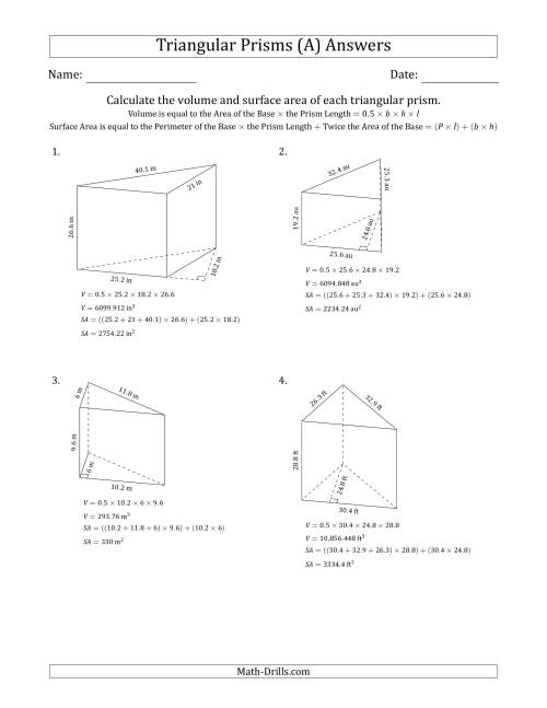 The Volume and Surface Area of Triangular Prisms (Black and White) (All) Math Worksheet Page 2