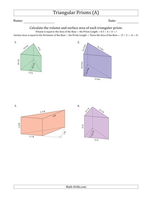The Volume and Surface Area of Triangular Prisms (A) Math Worksheet