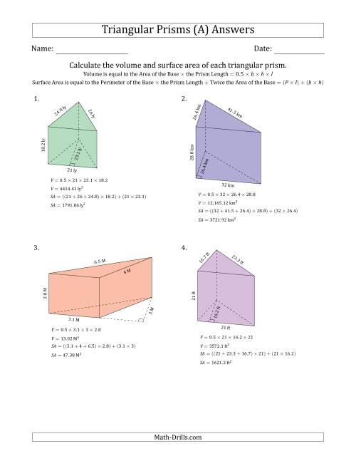 The Volume and Surface Area of Triangular Prisms (A) Math Worksheet Page 2
