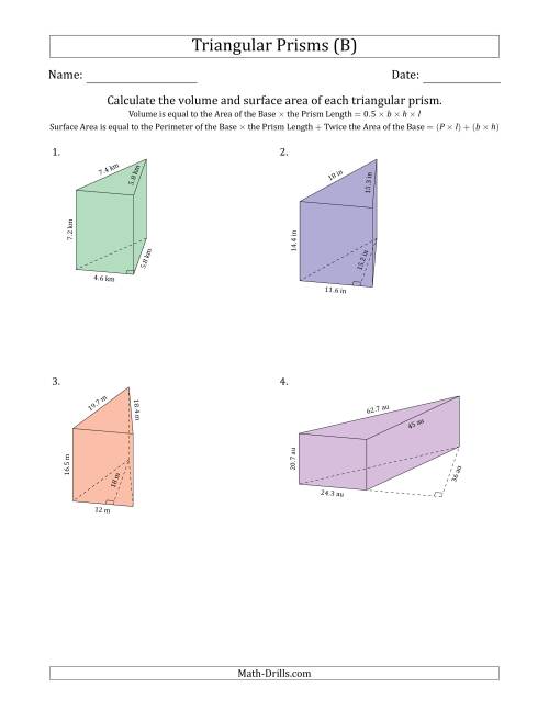 The Volume and Surface Area of Triangular Prisms (B) Math Worksheet