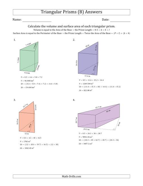 The Volume and Surface Area of Triangular Prisms (B) Math Worksheet Page 2