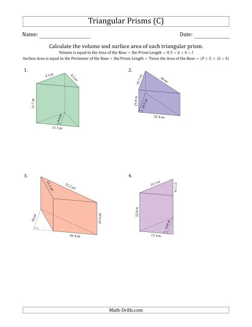 The Volume and Surface Area of Triangular Prisms (C) Math Worksheet