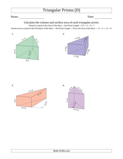 The Volume and Surface Area of Triangular Prisms (D) Math Worksheet