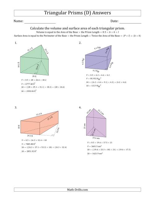 The Volume and Surface Area of Triangular Prisms (D) Math Worksheet Page 2