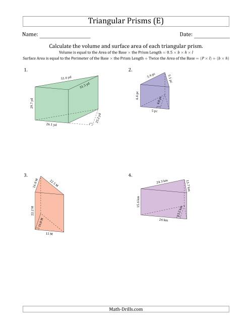 The Volume and Surface Area of Triangular Prisms (E) Math Worksheet