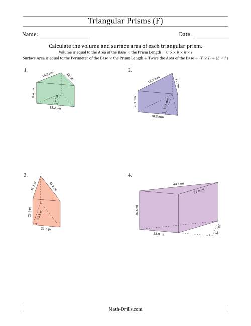 The Volume and Surface Area of Triangular Prisms (F) Math Worksheet
