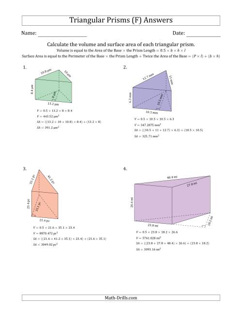 The Volume and Surface Area of Triangular Prisms (F) Math Worksheet Page 2