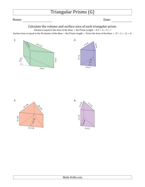 The Volume and Surface Area of Triangular Prisms (G) Math Worksheet