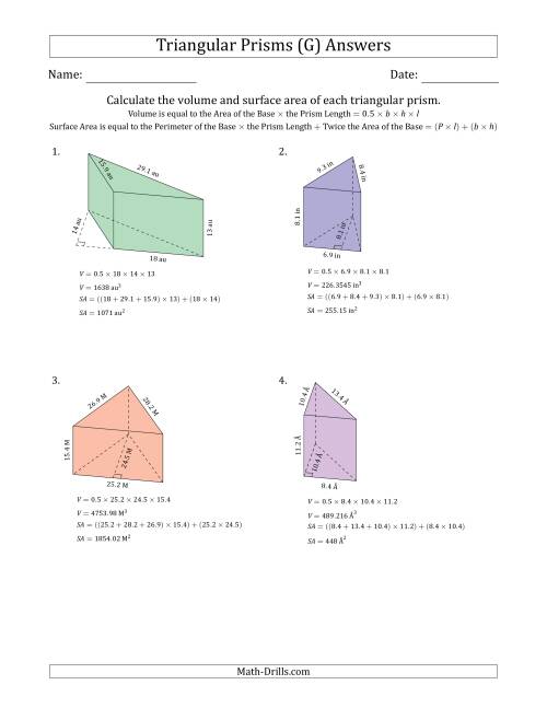 The Volume and Surface Area of Triangular Prisms (G) Math Worksheet Page 2