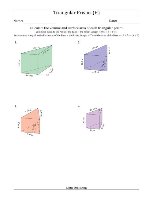 The Volume and Surface Area of Triangular Prisms (H) Math Worksheet