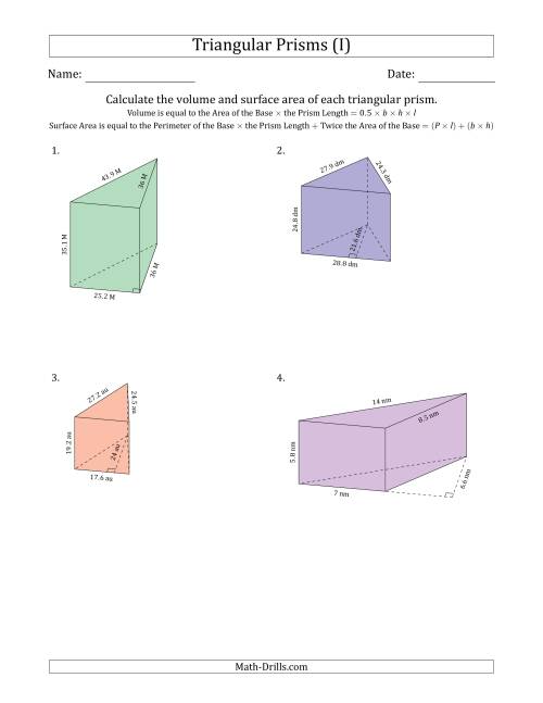 The Volume and Surface Area of Triangular Prisms (I) Math Worksheet