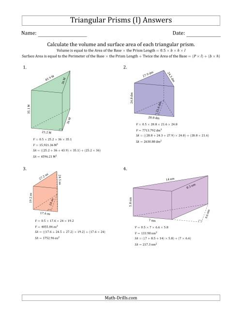 The Volume and Surface Area of Triangular Prisms (I) Math Worksheet Page 2