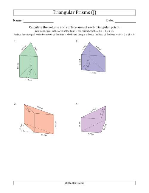 The Volume and Surface Area of Triangular Prisms (J) Math Worksheet