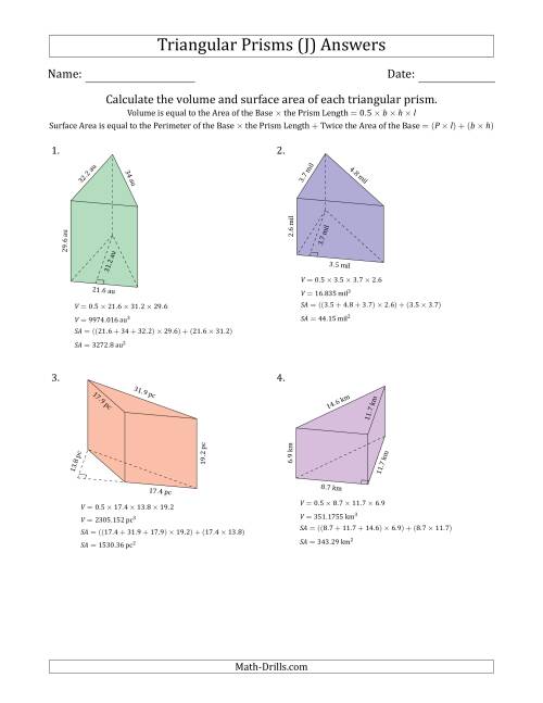 The Volume and Surface Area of Triangular Prisms (J) Math Worksheet Page 2
