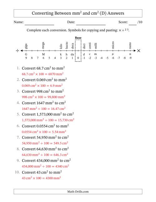 The Converting Between Square Millimeters and Square Centimeters (U.S./U.K. Number Format) (D) Math Worksheet Page 2