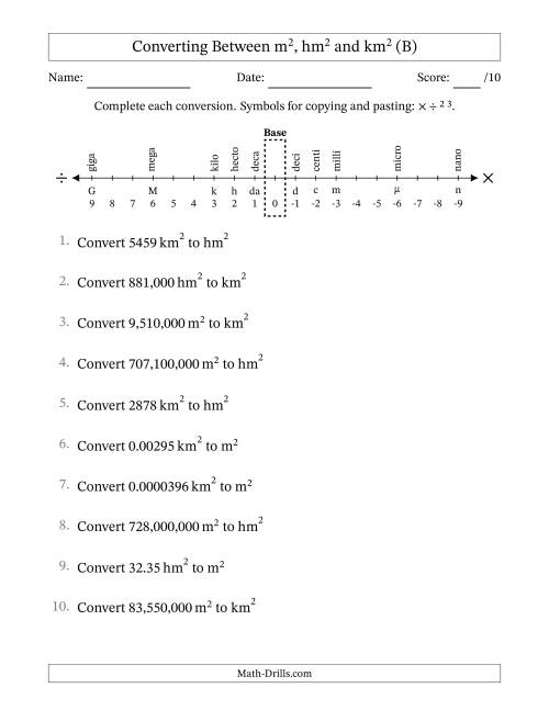 The Converting Between Square Meters, Square Hectometers and Square Kilometers (U.S./U.K. Number Format) (B) Math Worksheet