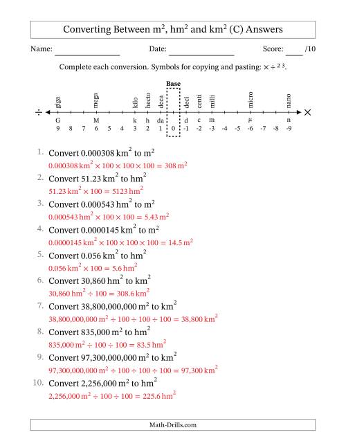 The Converting Between Square Meters, Square Hectometers and Square Kilometers (U.S./U.K. Number Format) (C) Math Worksheet Page 2