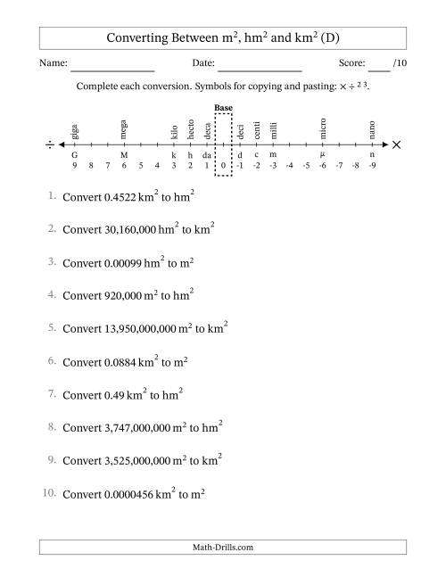 The Converting Between Square Meters, Square Hectometers and Square Kilometers (U.S./U.K. Number Format) (D) Math Worksheet