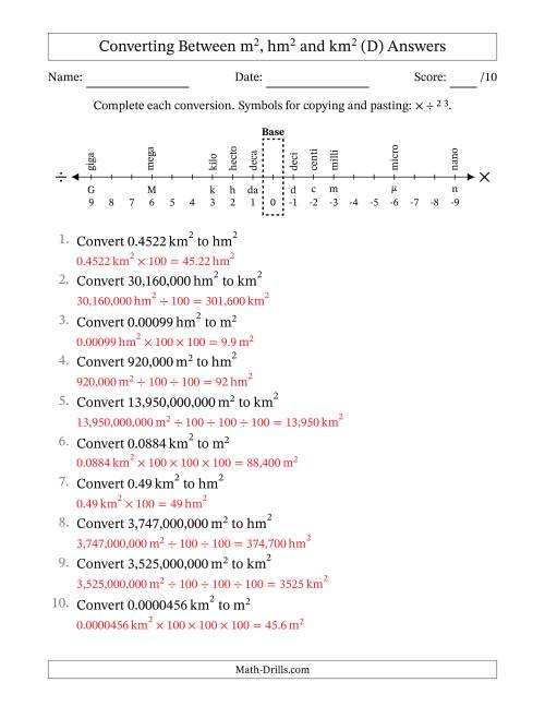 The Converting Between Square Meters, Square Hectometers and Square Kilometers (U.S./U.K. Number Format) (D) Math Worksheet Page 2