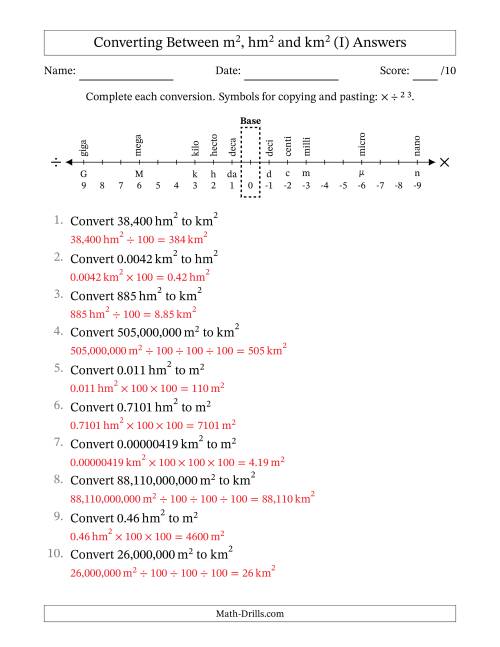 The Converting Between Square Meters, Square Hectometers and Square Kilometers (U.S./U.K. Number Format) (I) Math Worksheet Page 2