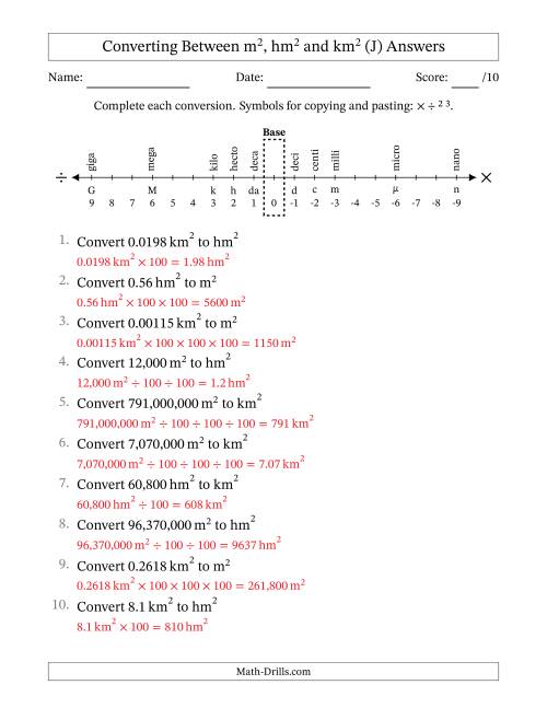 The Converting Between Square Meters, Square Hectometers and Square Kilometers (U.S./U.K. Number Format) (J) Math Worksheet Page 2