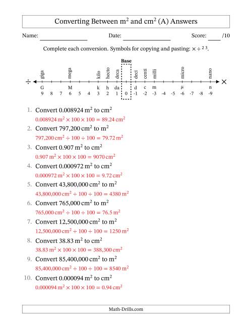 The Converting Between Square Meters and Square Centimeters (U.S./U.K. Number Format) (A) Math Worksheet Page 2