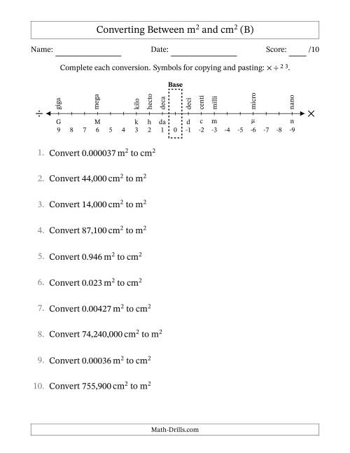 The Converting Between Square Meters and Square Centimeters (U.S./U.K. Number Format) (B) Math Worksheet