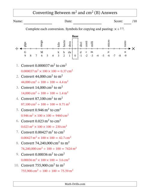 The Converting Between Square Meters and Square Centimeters (U.S./U.K. Number Format) (B) Math Worksheet Page 2